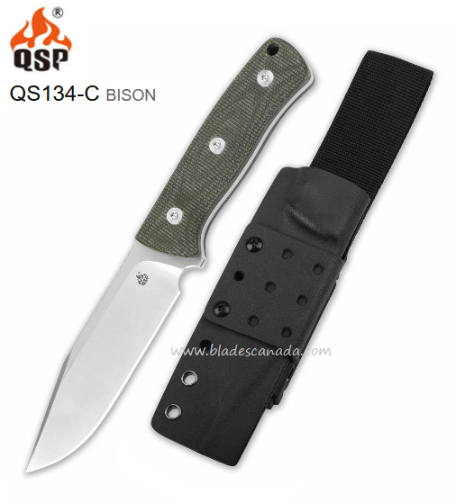 QSP Bison Fixed Blade Knife, D2 Steel, Micarta Green, Kydex Sheath, QS134-C